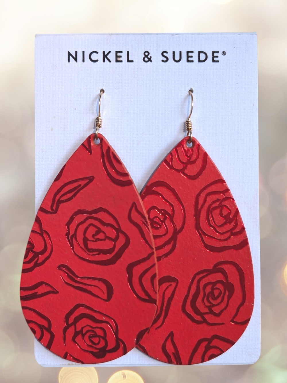 NEW Nickel & Suede Red Rose Teardrop Earrings